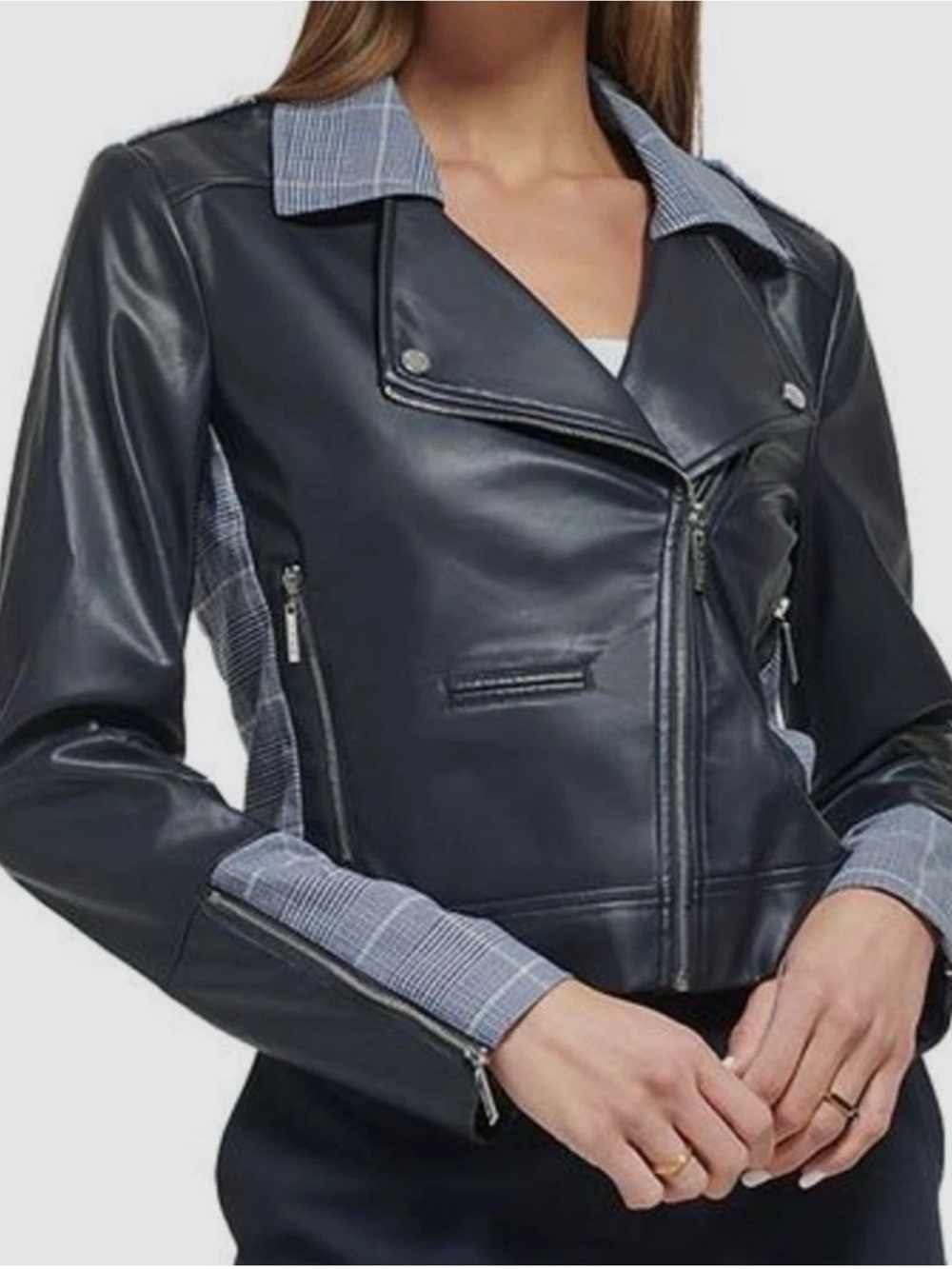 DKNY Women’s Sz 12 NWT Blue Plaid Trim Faux Leather Moto Jacket